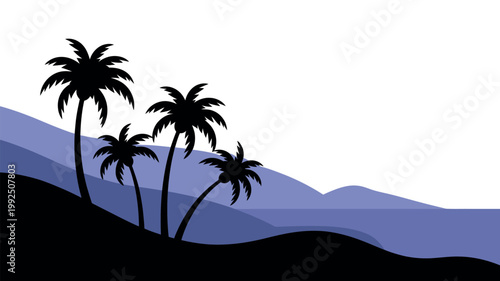 A serene landscape featuring silhouetted palm trees against a backdrop of rolling hills and mountains under a clear sky