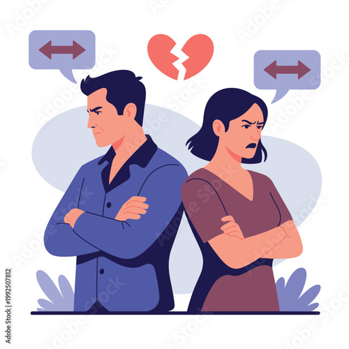 A cartoon illustration of a couple standing back to back with crossed arms, conveying a sense of disagreement and heartbreak.