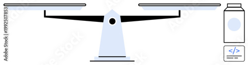 Business decisions, technology, balance, coding, e-commerce, product analysis. Image shows a balance scale with a bottle and coding symbol. Business decisions and technology concept
