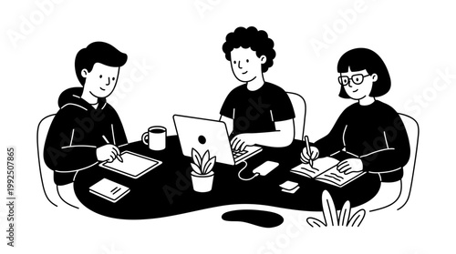 Group of students studying together at a table. EPS Editable. Vector Illustrations.