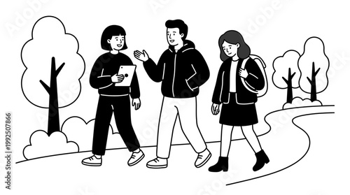 Group of students walking together in a park setting. EPS Editable. Vector Illustrations.