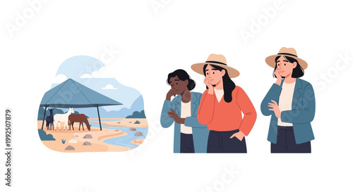 Group of thoughtful women observing horses in a field. EPS Editable. Vector Illustrations.