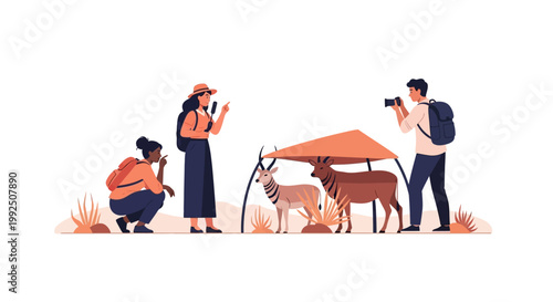 Group of travelers observing and photographing wildlife in a natural habitat. EPS Editable. Vector Illustrations.