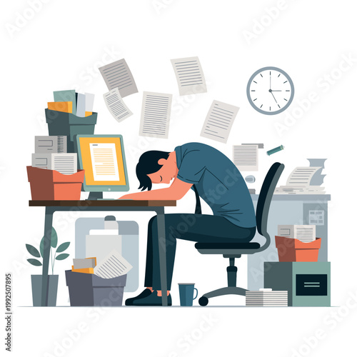 A stressed businessman sitting at his cluttered desk with papers flying everywhere around him