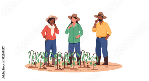Group of three farmers standing in a field of young vegetable plants. EPS Editable. Vector Illustrations.