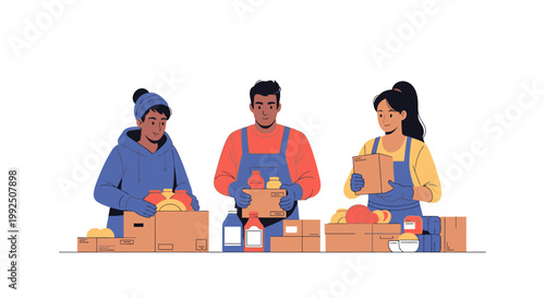 Group of volunteers packing boxes for charity donation. EPS Editable. Vector Illustrations.