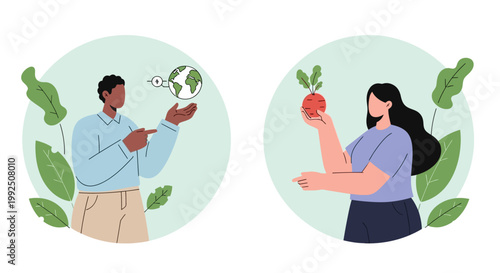 Illustration of a man and a woman promoting environmental awareness and healthy eating. EPS Editable. Vector Illustrations.