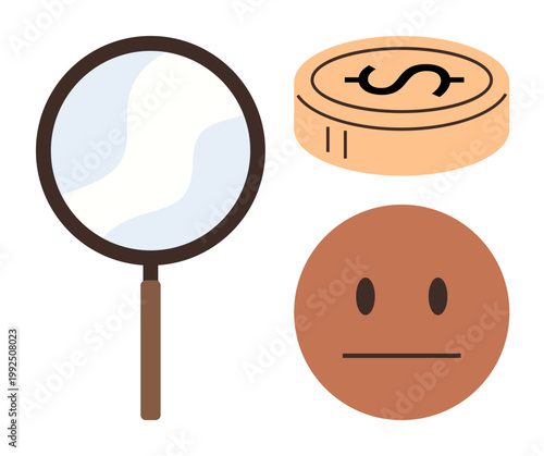 Financial analysis, evaluation, research, economy, banking, decision-making. Magnifying glass, coin with a dollar sign and neutral face emotion. Financial analysis and evaluation concept