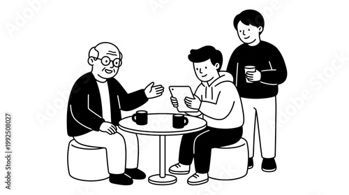 Illustration of a senior man and two young men chatting in a cafe. EPS Editable. Vector Illustrations.