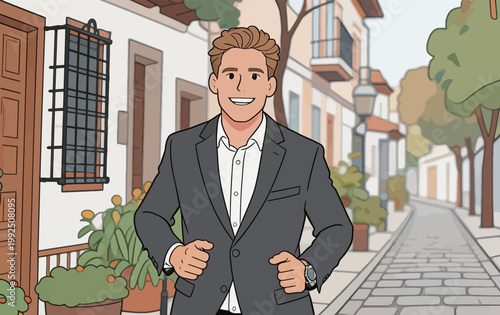 Man in suit walks down a quiet street with houses and plants in a sunny setting during the day