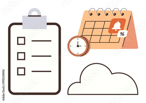 Time management, organization, productivity, to-do lists, event planning, cloud storage. A checklist, calendar with a reminder clock and cloud icon. Time management and organization concept