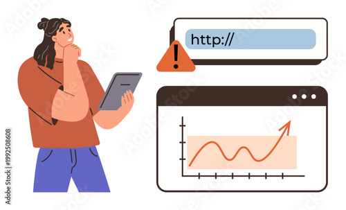 Cybersecurity risks, online safety, data analytics, website monitoring, growth tracking, technology awareness. Person holding tablet with graph and warning alert. Cybersecurity and online safety