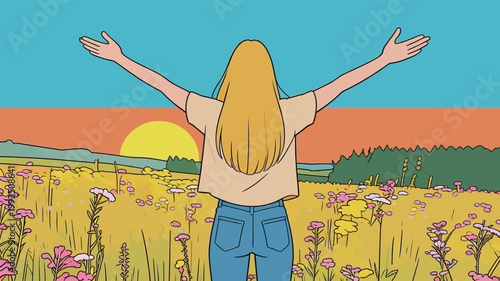 Person stands in a field with outstretched arms as the sun sets behind the hills in a colorful sky
