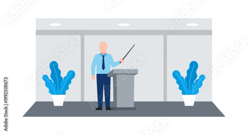 A man standing at a podium in a modern office space with cacti.
