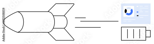 Rocket propulsion. Rocket visually alongside data interface and energy battery, signifying propulsion, energy usage, and data control. For aerospace, energy systems, technology designs, scientific