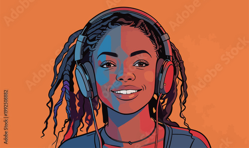 Young girl listens to music while wearing headphones with a bright orange background in a creative and colorful design