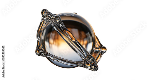 Isolated abstract transparent sphere encased in metallic structure, reflecting warm light, science and technology concept, futuristic design element