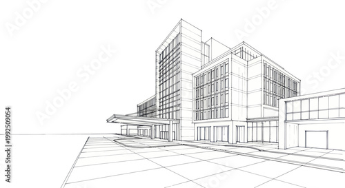 Modern Architectural Sketch of a Large Commercial Building.