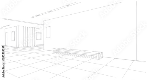 Modern Architectural Sketch of an Interior Space with Bench.