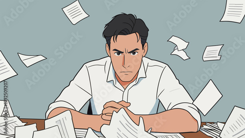 Man focused on work surrounded by scattered papers at a desk during the day in a simple office setting