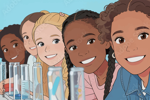 Girls working on science projects with bottles in classroom during daytime