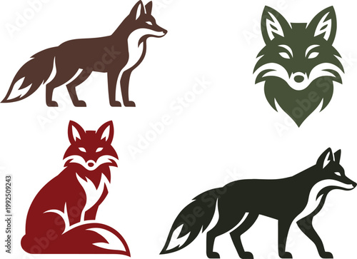A powerful set of wolf illustrations featuring bold silhouettes and stylized wolf heads. The collection includes a howling wolf, walking wolf, and detailed wolf face designs, all crafted with clean li