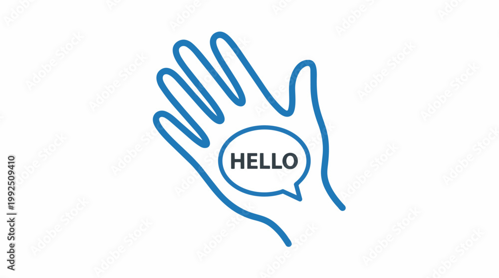 Obraz premium Minimalist blue line art hand icon with hello speech bubble on white background, ideal for customer support, onboarding UI and greeting messages.