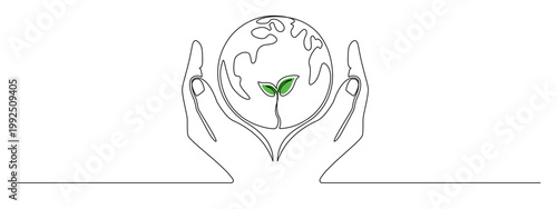 One continuous line drawing of hands holding Earth globe. Sustainable world day concept with planet outline drawing. Minimalist environmental protection illustration for eco-friendly design