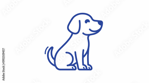 Minimalist blue line art icon of a sitting puppy, simple vector illustration, suitable for veterinary branding, pet shop logos and animal blogs.