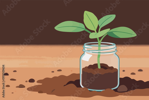 Growing plant in jar placed on soil with brown background under bright light during daytime