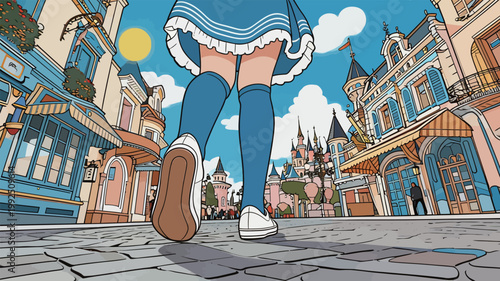 Walking down a city street with a blue dress and knee-high socks on a sunny day