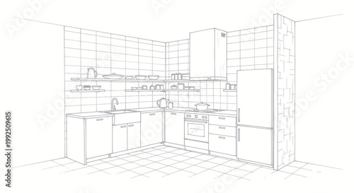 Modern Kitchen Design Sketch with Appliances and Cabinets.