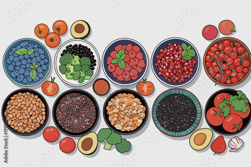 Colorful assortment of fruits and vegetables laid out on a white surface for cooking or meal preparation activity