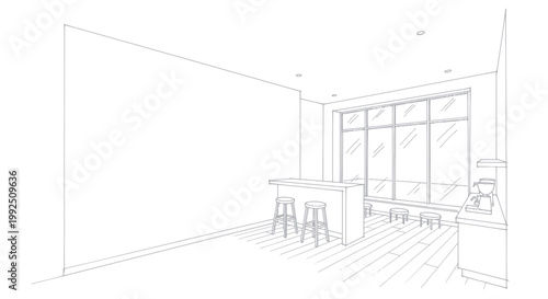 Modern Kitchen Bar Sketch with Stools and Large Window View.