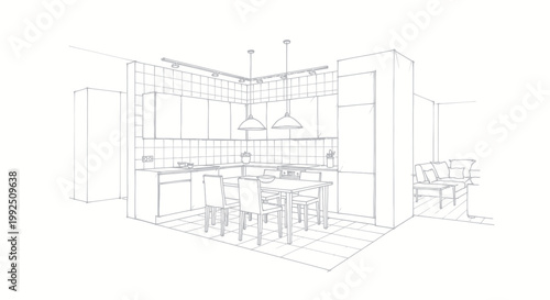 Modern Kitchen Design Sketch with Dining Area.