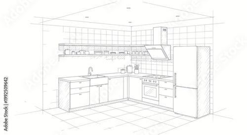 Modern Kitchen Design Sketch with Appliances and Cabinets.