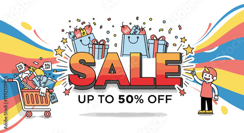 Cuadro en lienzo Exciting Sale Banner with Up to 50% Off and Shopping Cart Illustration