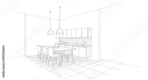 Modern Kitchen Dining Area Sketch with Island and Pendant Lights.