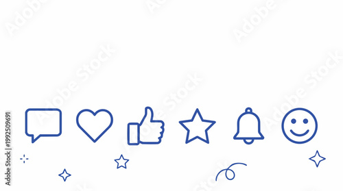 Minimalist blue line social media icons set with thumbs up and heart, isolated on white background, suitable for digital marketing, web UI and app design.
