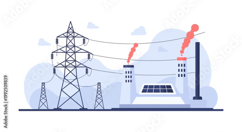 Industrial power plant facility with electricity transmission towers. EPS Editable. Vector Illustrations.
