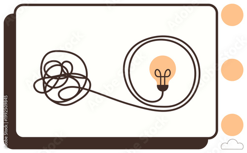 Problem-solving, creativity, innovation, efficiency, brainstorming, thought process. A tangled line straightens into a glowing light bulb. Problem-solving and creativity through transformation