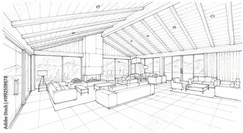 Modern Living Room Sketch with Fireplace and Large Windows.