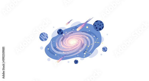 Isometric galaxy illustration with orbiting planets and comets in deep space. EPS Editable. Vector Illustrations.