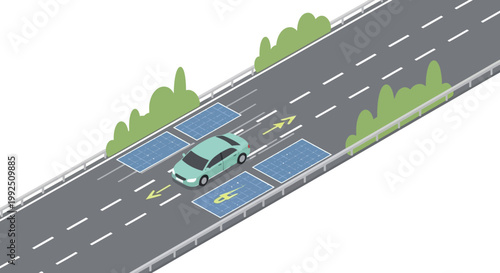 Isometric illustration of an electric car driving over dynamic wireless charging road pads. EPS Editable. Vector Illustrations.