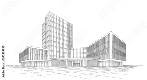 Modern Office Building Architectural Sketch.