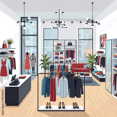 Interior view of a modern, well-lit clothing boutique with racks of apparel, mannequins, and stylish furniture.