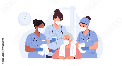 Medical team of nurses caring for elderly patient in hospital setting. EPS Editable. Vector Illustrations.