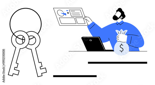 Cybersecurity, digital privacy, online payments, identity verification, secure transactions, data protection. Keys and a person holding money near a computer screen. Cybersecurity and digital privacy