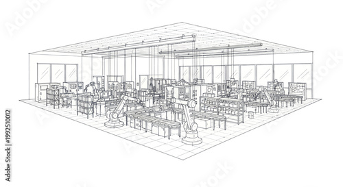 Modern Office Interior Design Blueprint Sketch.