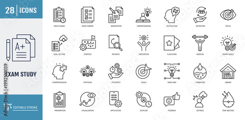 Exam study icon set. Icons related to preparation, revision, focus, concentration, schedule, goals, review, notes. Outline icon set. Vector illustration with editable stroke